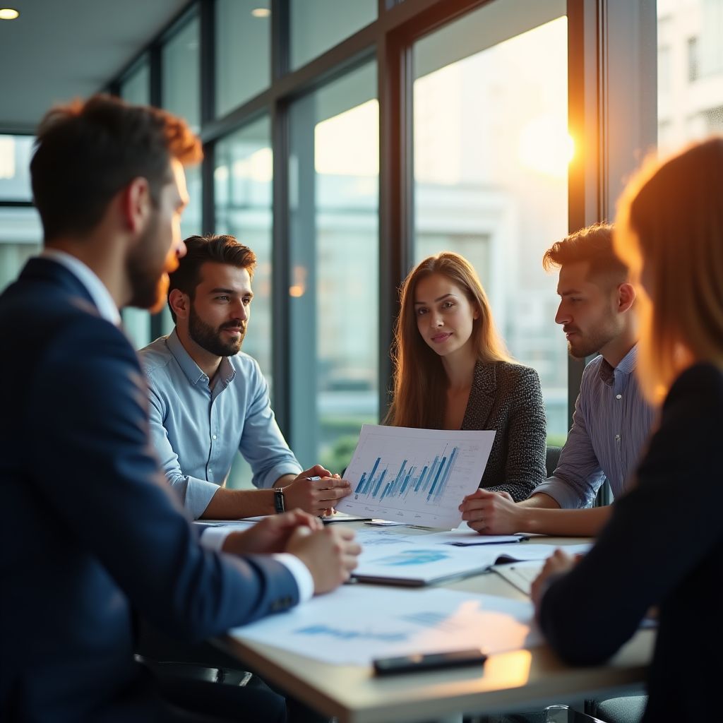Finansal danışmanlık ekibi modern bir ofiste toplantı yapıyor
